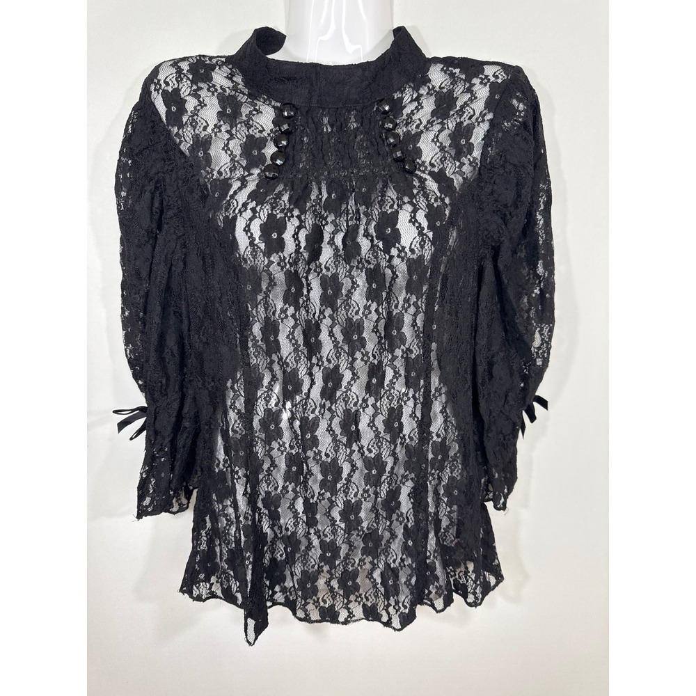 Spin Doctor Black Floral Lace High Neck Gothic Victorian Blouse‎ Button Back XL